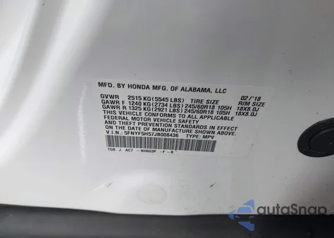 2018 Honda Pilot Ex-L из США, поврежденный, VIN 5FNYF5H57JB008436